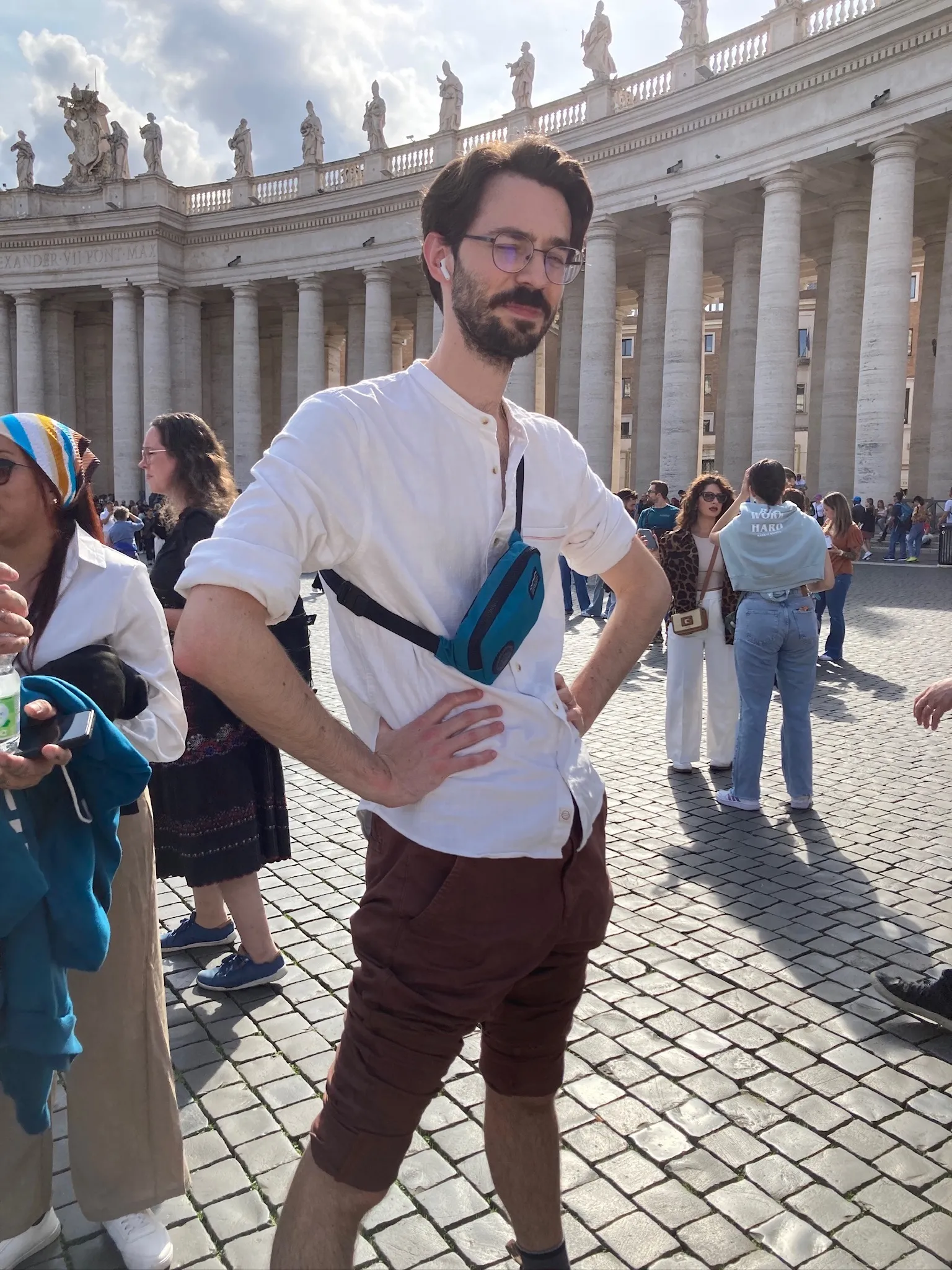 After a half hour in the sun waiting for St. Peter's, and an hour to go, you do what you have to do to survive. Including improvised capris.